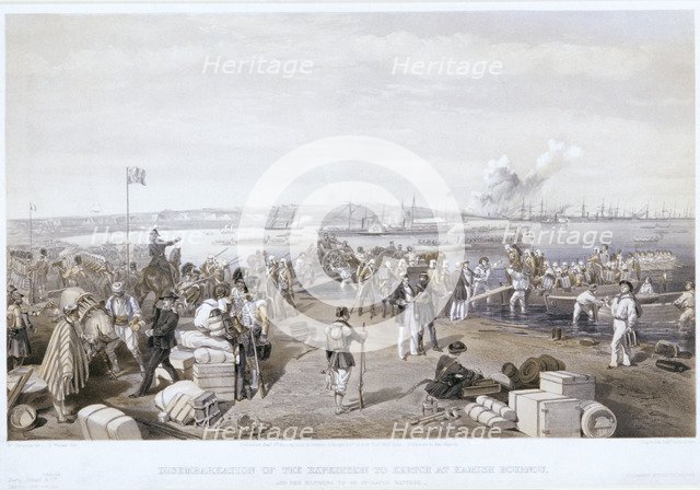 'Disembarkation of the Expedition to Kertch at Kamish Bournou', 1855. Artist: E Walker