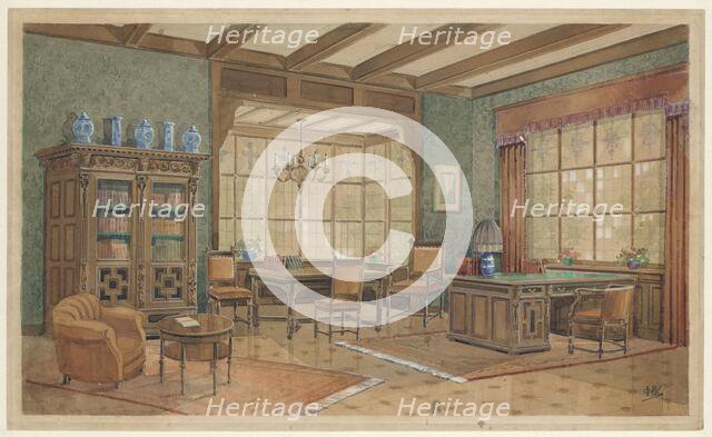 Interior with bookcase in Renaissance style, c.1925. Creator: Monogrammist HK.