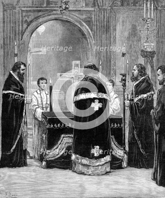 Memorial service for the late Emperor of Russia in the Greek Church, Moscow-Road, Bayswater, 1881. Creator: Unknown.