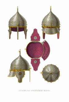 Helmets (Shishaks). From the Antiquities of the Russian State, 1849-1853. Creator: Solntsev, Fyodor Grigoryevich (1801-1892).