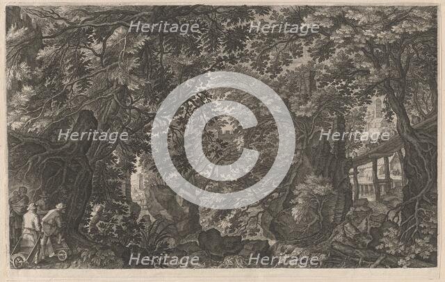 Hunters in a Forest near a Wooden Bridge, 1600/1615. Creators: Aegidius Sadeler II, Pieter Stevens.