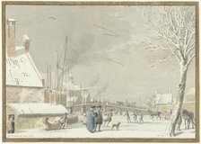 Frozen city canal with skaters, 1769. Creator: Cornelis van Noorde.