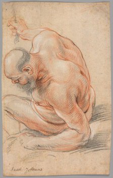 Nude Old Man Seated, Leaning on His Forearm, Facing Left, c. 1640. Creator: Jacob Jordaens.