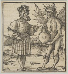 The Devil Offering Poison to a Knight, from Hymmelwagen auff dem, wer wol lebt..., 1517. Creator: Hans Schäufelein the Elder.