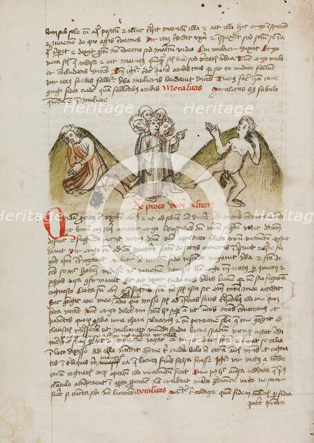 A Woman and a Nude Man and a Cleric Speaking to the Man; Fables, third quarter of 15th century. Creator: Unknown.