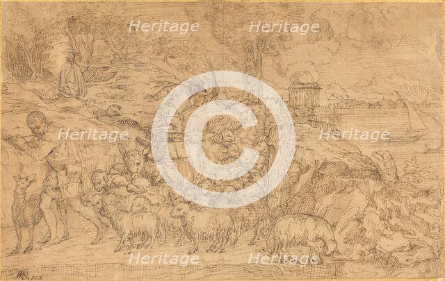 Shepherd Playing a Flute and Leading His Flock. Creator: Domenico Campagnola.