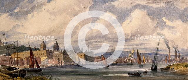 Royal Naval Hospital Greenwich, viewed from afar with many ships in the foreground. Creator: Unknown.