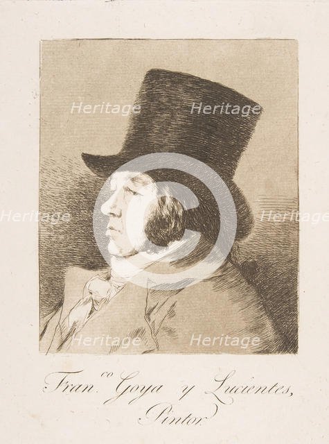 Plate 1 from 'Los Caprichos': Self-portrait of Goya ( Franco. Goya e Lucientes, Pintor), 1799. Creator: Francisco Goya.
