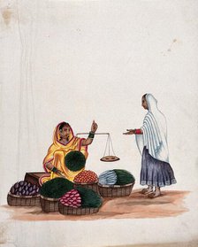 A woman weighing vegetables for a female customer, (between 1800 and 1899?). Creator: Unknown.
