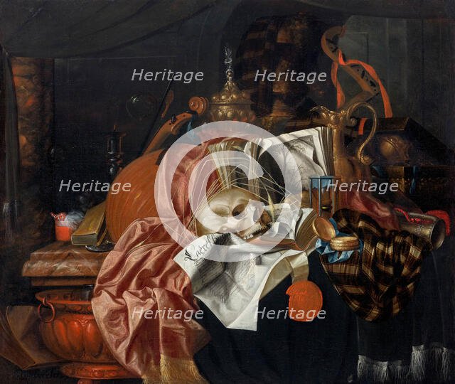 Vanitas still life with musical instruments, ceremonial vessels, books, an extinguished candle... Creator: Gijsbrechts, Franciscus (1649-after 1677).