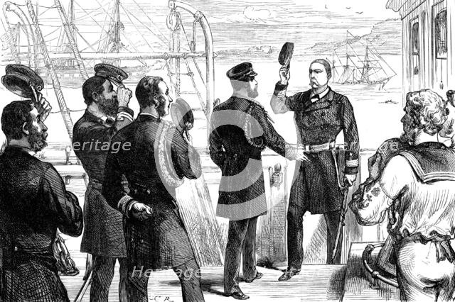 The Duke of Edinburgh receiving the Commander of the U.S. frigate Constellation at Queenstown, 1880. Creator: Unknown.
