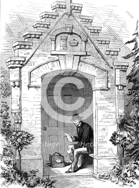 The Porch, Hughenden Lodge: Lord Beaconsfield reading his letters, 1881. Creator: Unknown.