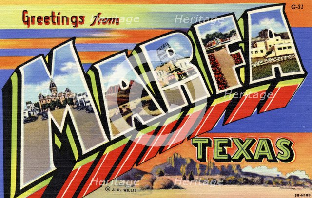 'Greetings from Marfa, Texas', postcard, 1943. Artist: Unknown