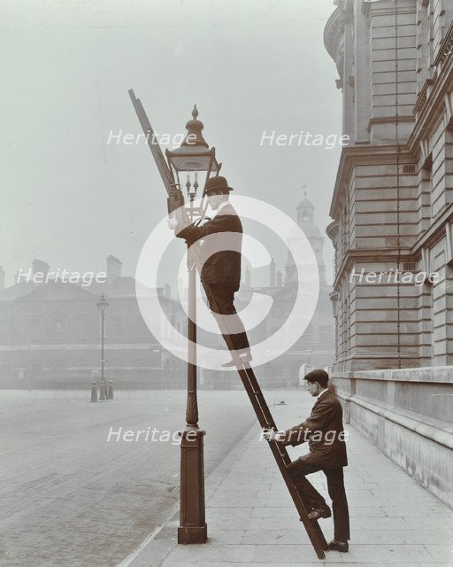 Testing gas pressure in street lighting, Westminster, London, 1910. Artist: Unknown.