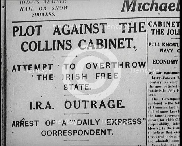 Newspaper Headline 'Plot Against the Collins Cabinet', 1922. Creator: British Pathe Ltd.