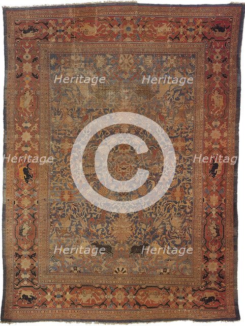 Amida carpet depicting the emblem of Emir: lion attacking bull.