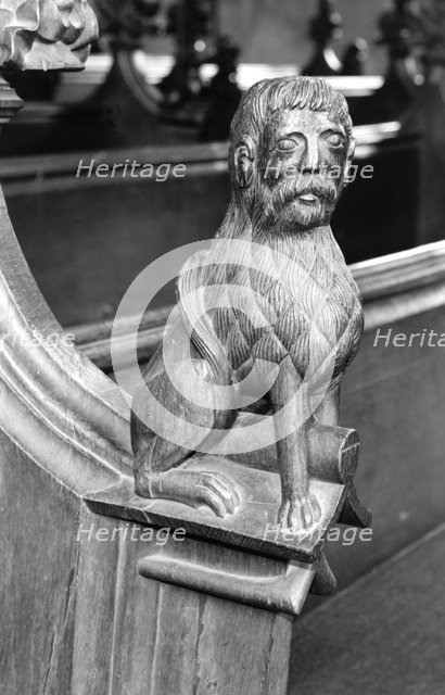 Late medieval bench end in St Mary's Church, Woolpit, Suffolk, c1965-c1969.   Artist: Laurence Goldman