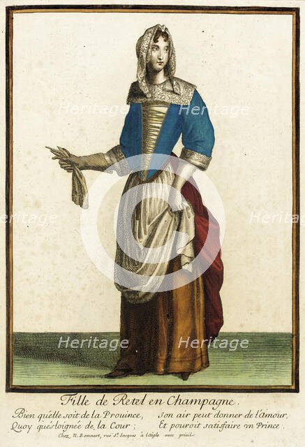 Recueil des modes de la cour de France, 'Fille de Retel en Champagne', between c1678 and c1693. Creator: Nicolas Bonnart.
