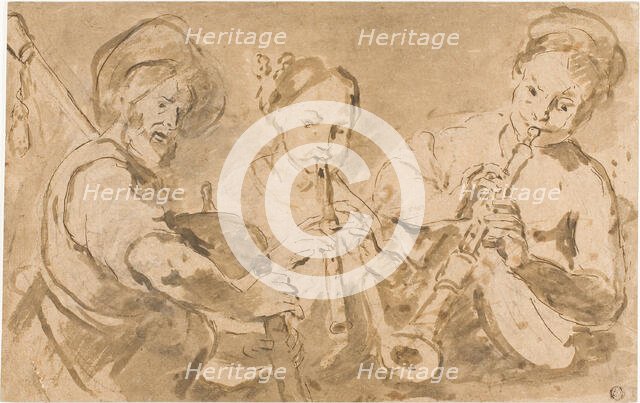 Three Musicians Playing Horns and Pipe, n.d. Creator: Unknown.