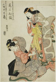 The actor Onoe Shoroku I as the ghost of the Shirabyoshi Hanako standing over Osagawa..., c. 1810. Creator: Utagawa Toyokuni I.