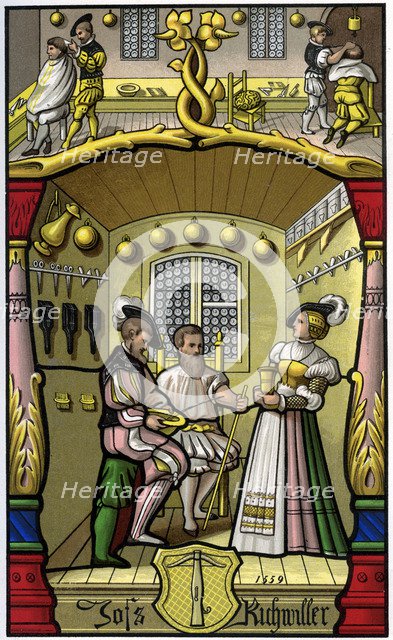 Barber and wigmaker, 16th century (1849).Artist: H Moulin