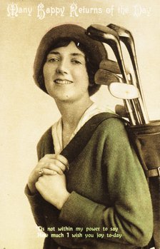 Birthday postcard with a picture of a woman golfer, c1908. Artist: Unknown