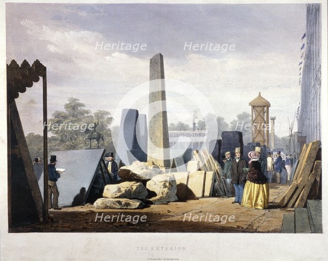 Exterior view of the Great Exhibition building during its construction, Hyde Park, London, 1851.   Artist: Anon