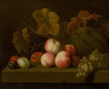 Still Life with Peaches, Grapes, Plums, and Melon, around 1710. Creator: Jakub Bogdan.