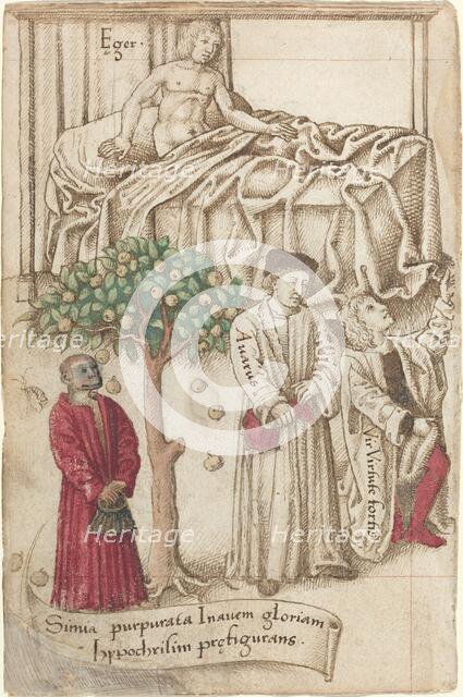 An Ape in Purple with a Sick Man, a Good Man, and a Miser [fol. 36 verso], c. 1512/1515. Creator: Unknown.