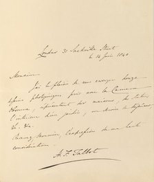 [Manuscript Letter from W. H. Fox Talbot to Antonio Bertoloni], 1840. Creator: William Henry Fox Talbot.