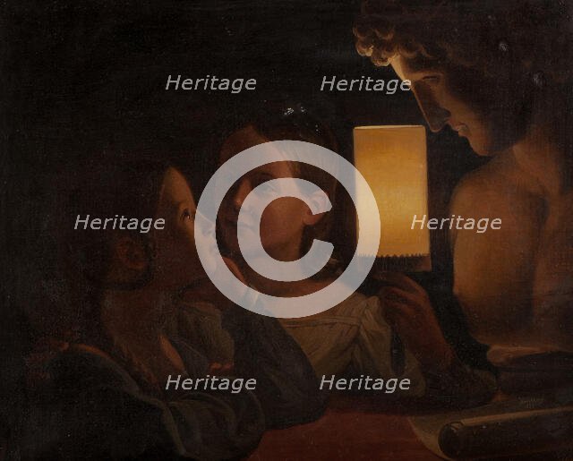 Two Children Illuminating a Sculpted Bust, 1839. Creator: Johan Gustaf Sandberg.