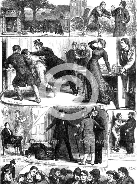 Sketches from the "Lights O' London" at the Princess's Theatre, 1881. Creator: Dalziel Brothers.