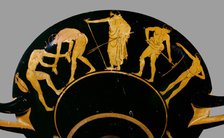 Attic red-figure cup depicting trainer with wrestlers and other athletes, 480 BC. Artist: Antiphon Painter.