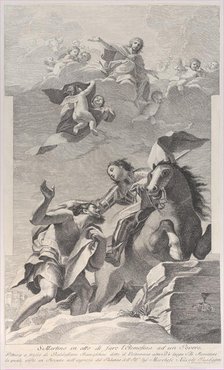 Saint Martin, on horseback, giving his cloak to a beggar..., 1760-1800. Creator: Giuliano Traballesi.