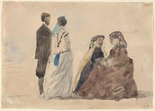 Two Ladies Seated and a Couple Walking on the Beach, c. 1866. Creator: Eugene Louis Boudin.