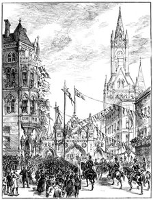 Procession approaching the Town Hall, Manchester, 1887. Artist: Unknown