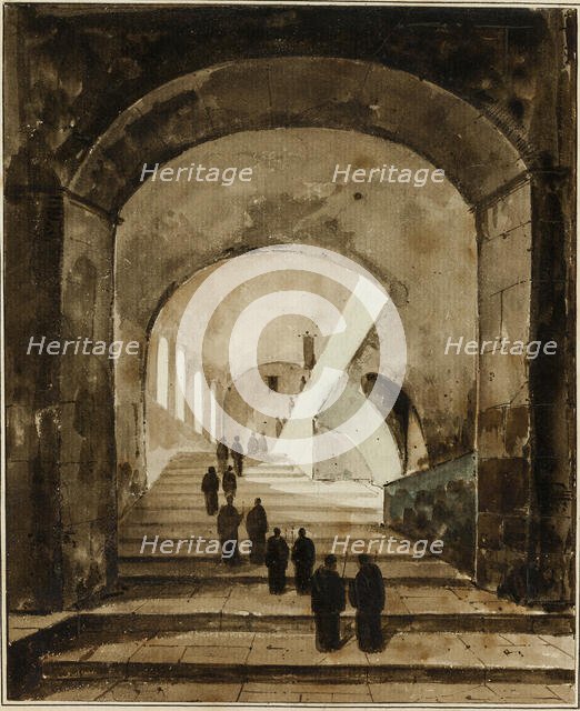 Monks on the Staircase of the Villa of Maecenas at Tivoli, c. 1826. Creator: Francois-Marius Granet.