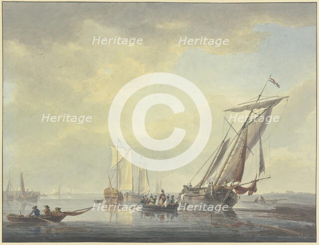 Barges lie on the beach; a boat with many people, including some military personnel, is sailing... Creator: Arie Lamme.