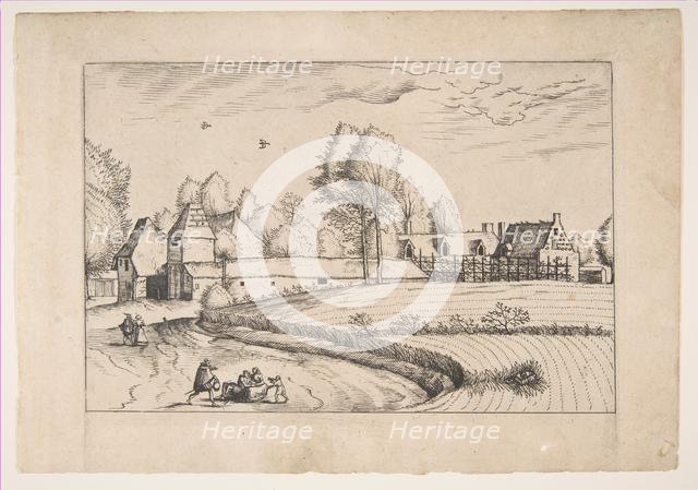 Country Houses, couple and cornfield in the foreground, from the series The Small Lands..., 1559-61. Creator: After The Master of the Small Landscapes (Netherlandish, 16th century).
