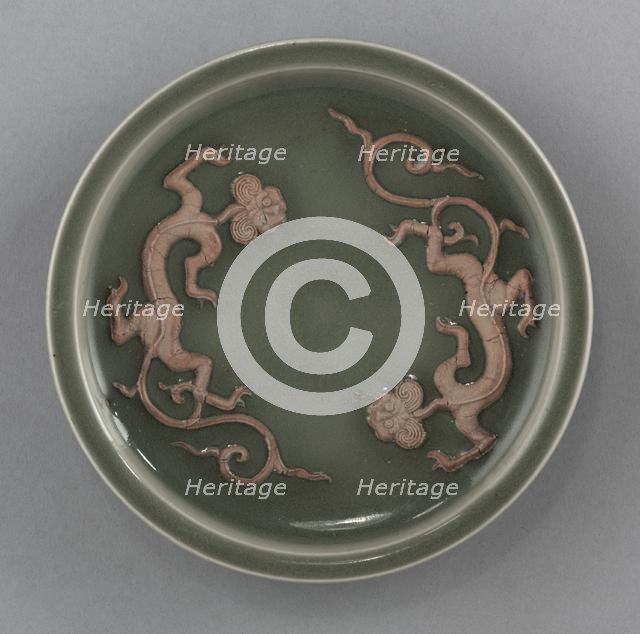 Dish with Two Dragons in Relief: Longquan Ware, 14th Century. Creator: Unknown.