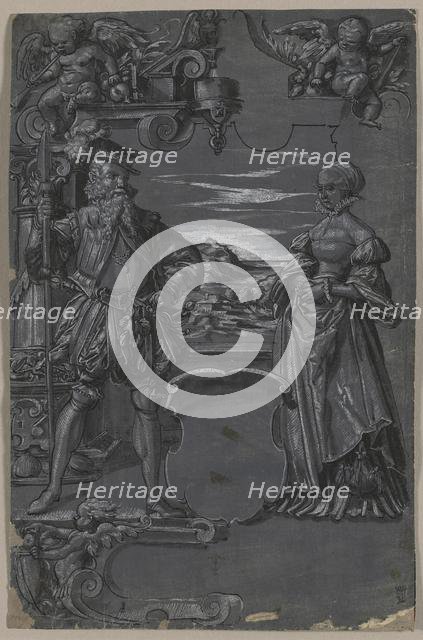 Design for Glass Painting: Man and Woman in Architectural Setting, second half 1500s. Creator: Tobias Stimmer (Swiss, 1539-1584), attributed to.