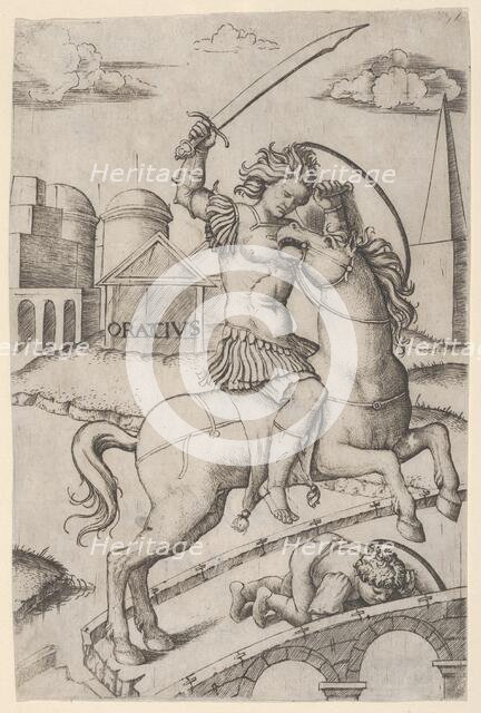 Horatius Cocles on horseback, trampling a fallen soldier, ca. 1510-27. Creator: Marcantonio Raimondi.