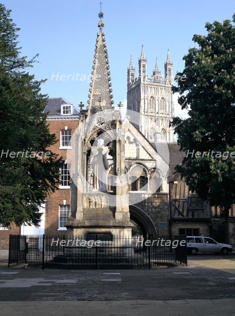 John Hooper Memorial, St Mary's Gate and Gloucester Cathedral, Gloucestershire