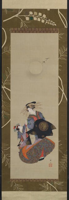 Beauty of the Yoshiwara with Apprentice in Moonlight, 19th century. Creator: Hokuba.
