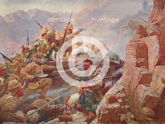 Storming of the Dargai Heights by the 1st Gordon Highlanders and the Gurkhas, 1897 (1906).  Artists: Vereker Monteith Hamilton, Unknown.