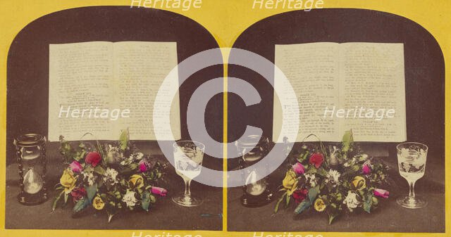 Still life of flower arrangement, hourglass, goblet and Bible opened to Psalms Xix and XX,about 1865 Creator: Unknown.