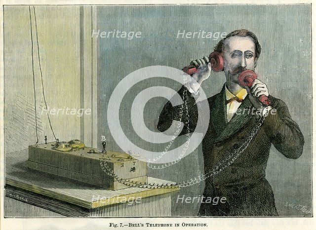 'Bell's telephone in operation', late 19th century.Artist: Gilbert