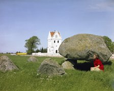 The dolmen and the Church of Skegrie, Scania, Sweden. Artist: Göran Algård
