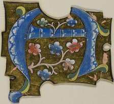 Decorated Initial "A" in Blue with Leaves from a Manuscript, 14th century or modern, c. 1920. Creator: Unknown.