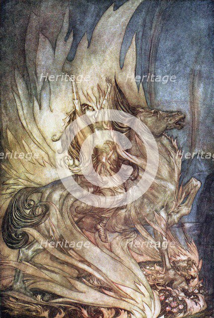 Brünnhilde on Grane leaps onto the funeral pyre of Siegfried. Illustration for Siegfried and The Tw Artist: Rackham, Arthur (1867-1939)
